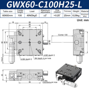 GWX60-C100H25-L Manual Goniometer Stage ±3° Tilt 5kg Load High-Precision Sliding Table for Optical Lab