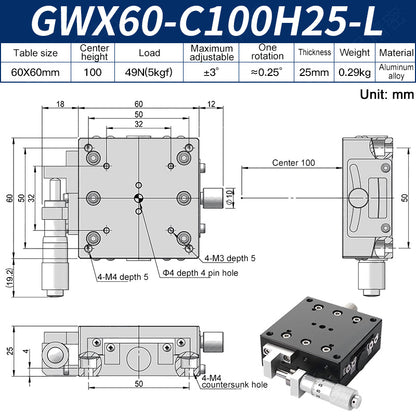 GWX60-C100H25-L Manual Goniometer Stage ±3° Tilt 5kg Load High-Precision Sliding Table for Optical Lab