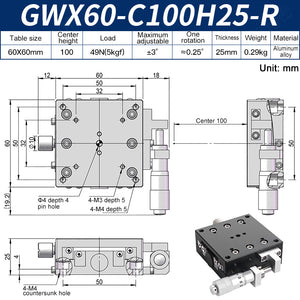 GWX60-C100H25-R Manual Goniometer Stage ±3° Tilt 5kg Load High-Precision Sliding Table for Optical Lab