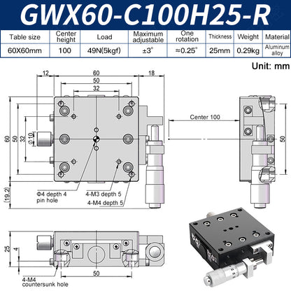 GWX60-C100H25-R Manual Goniometer Stage ±3° Tilt 5kg Load High-Precision Sliding Table for Optical Lab