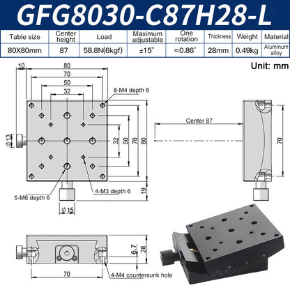 GFG8030-C87H28-L Manual Goniometer Stage ±15° Tilt 6kg Load High-Precision Sliding Table for Optical Lab