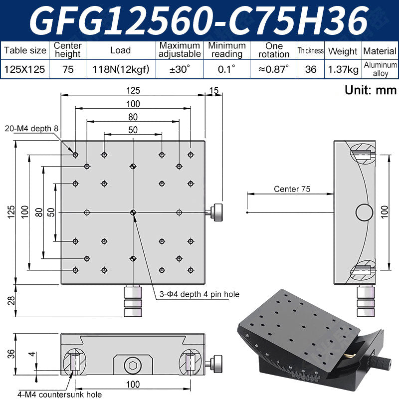 GFG12560-C75H36 Manual Goniometer Stage ±30° Tilt 12kg Load High-Precision Sliding Table for Optical Lab