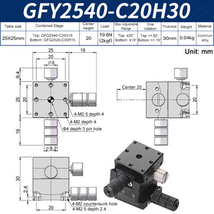 GFY2540-C20H30 Manual XY Goniometer Stage ±20° Tilt 2kg Load High-Precision Sliding Table for Optical Lab