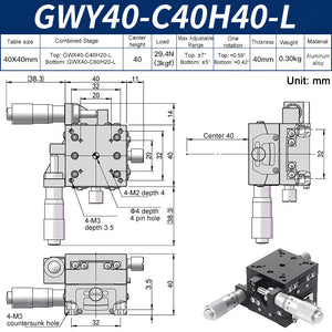 GWY40-C40H40-L Manual Dual-Axis Goniometer Stage ±7° Tilt 3kg Load High-Precision Sliding Table