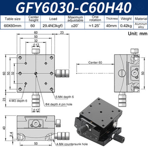 GFY6030-C60H40 Manual XY Goniometer Stage ±20° Tilt 3kg Load High-Precision Sliding Table for Lab