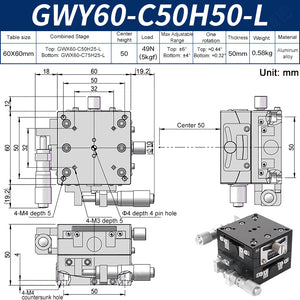 GWY60-C50H50-L Manual Dual-Axis Goniometer Stage ±6° Tilt 5kg Load High-Precision Sliding Table