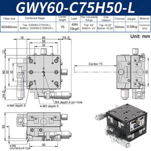 GWY60-C75H50-L Manual Dual-Axis Goniometer Stage ±4° Tilt 5kg Load High-Precision Sliding Table