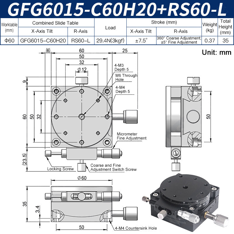 GFG6015-C60H20+RS60-L Manual Goniometer Stage ±7.5° Tilt 3kg Load with Rotation Optical Sliding Table
