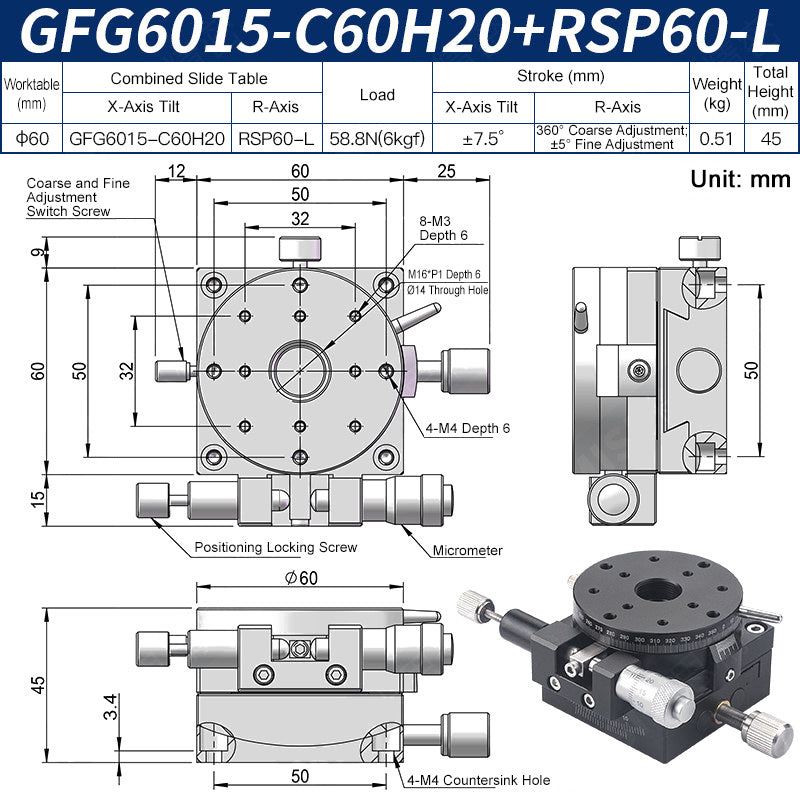 GFG6015-C60H20+RSP60-L Manual Goniometer Stage ±7.5° Tilt 6kg Load with Rotation Optical Sliding Table