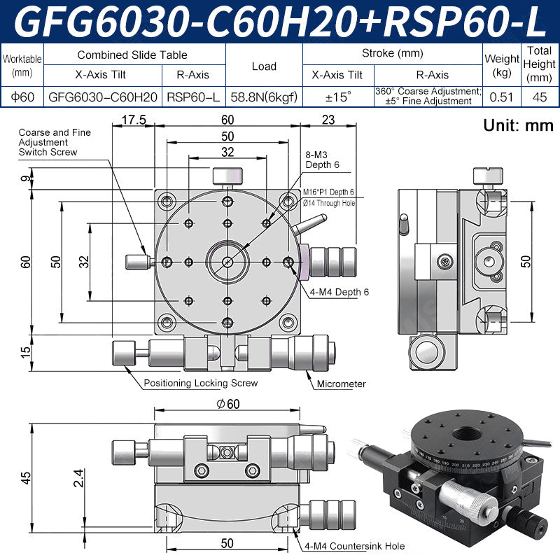 GFG6030-C60H20+RSP60-L Manual Goniometer Stage ±15° Tilt 6kg Load with Rotation Optical Sliding Table