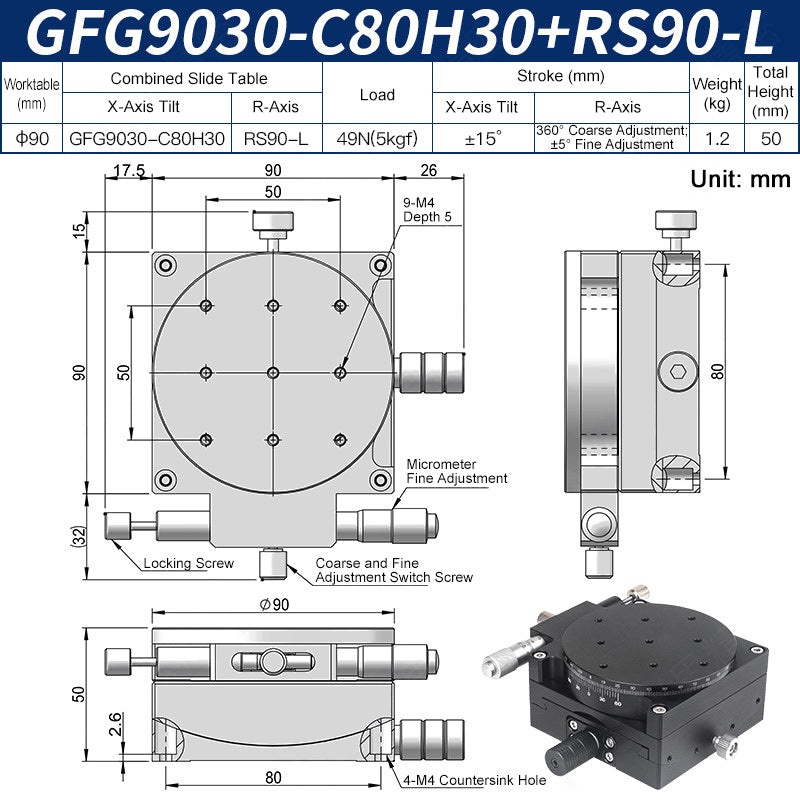 GFG9030-C80H30+RS90-L Manual Goniometer Stage ±15° Tilt 5kg Load with Rotation Optical Sliding Table