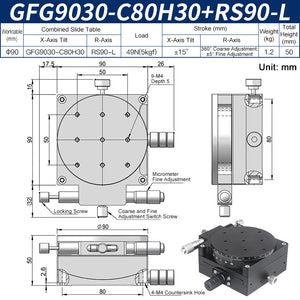 GFG9030-C80H30+RS90-L Manual Goniometer Stage ±15° Tilt 5kg Load with Rotation Optical Sliding Table