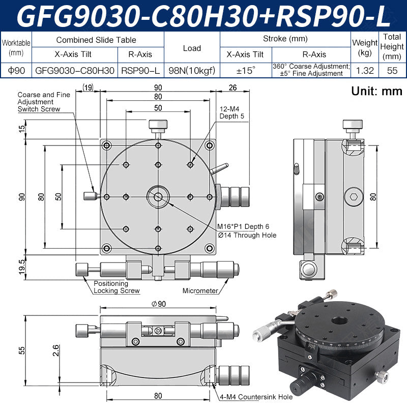 GFG9030-C80H30+RSP90-L Manual Goniometer Stage ±15° Tilt 10kg Load with Rotation Optical Sliding Table
