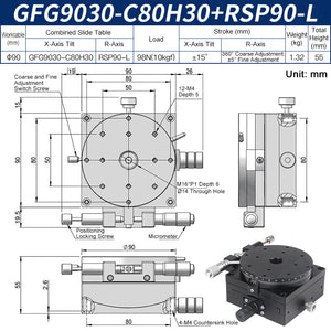 GFG9030-C80H30+RSP90-L Manual Goniometer Stage ±15° Tilt 10kg Load with Rotation Optical Sliding Table