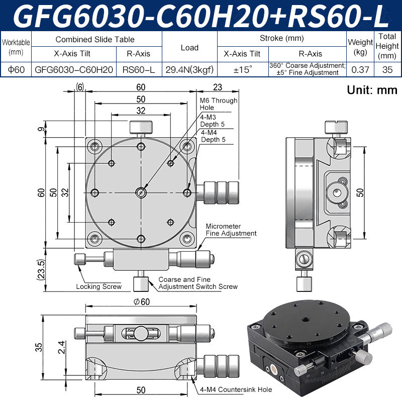 GFG6030-C60H20+RS60-L Manual Goniometer Stage ±15° Tilt 3kg Load with Rotation Optical Sliding Table