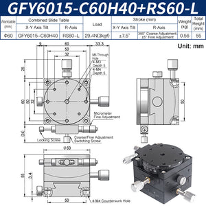 GFY6015-C60H40+RS60-L Manual Goniometer Stage ±7.5° Tilt 3kg Load with Rotation Optical Sliding Table