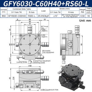 GFY6030-C60H40+RS60-L Manual Goniometer Stage ±15° Tilt 3kg Load with Rotation Optical Sliding Table