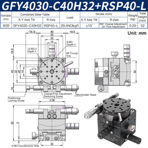 GFY4030-C40H32+RSP40-L Manual Goniometer Stage ±15° Tilt 3kg Load with Rotation Optical Sliding Table