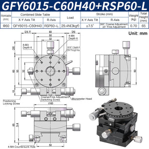 GFY6015-C60H40+RSP60-L Manual Goniometer Stage ±7.5° Tilt 3kg Load with Rotation Optical Sliding Table