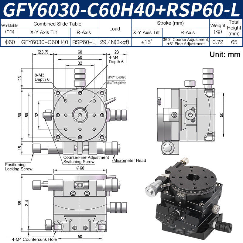 GFY6030-C60H40+RSP60-L Manual Goniometer Stage ±15° Tilt 3kg Load with Rotation Optical Sliding Table
