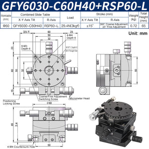 GFY6030-C60H40+RSP60-L Manual Goniometer Stage ±15° Tilt 3kg Load with Rotation Optical Sliding Table