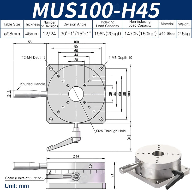 MUS100-H45 Manual Rotary Stage R-Axis Indexing Table Ø98mm 45mm Height 20kg Load Precision