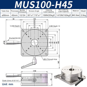 MUS100-H45 Manual Rotary Stage R-Axis Indexing Table Ø98mm 45mm Height 20kg Load Precision