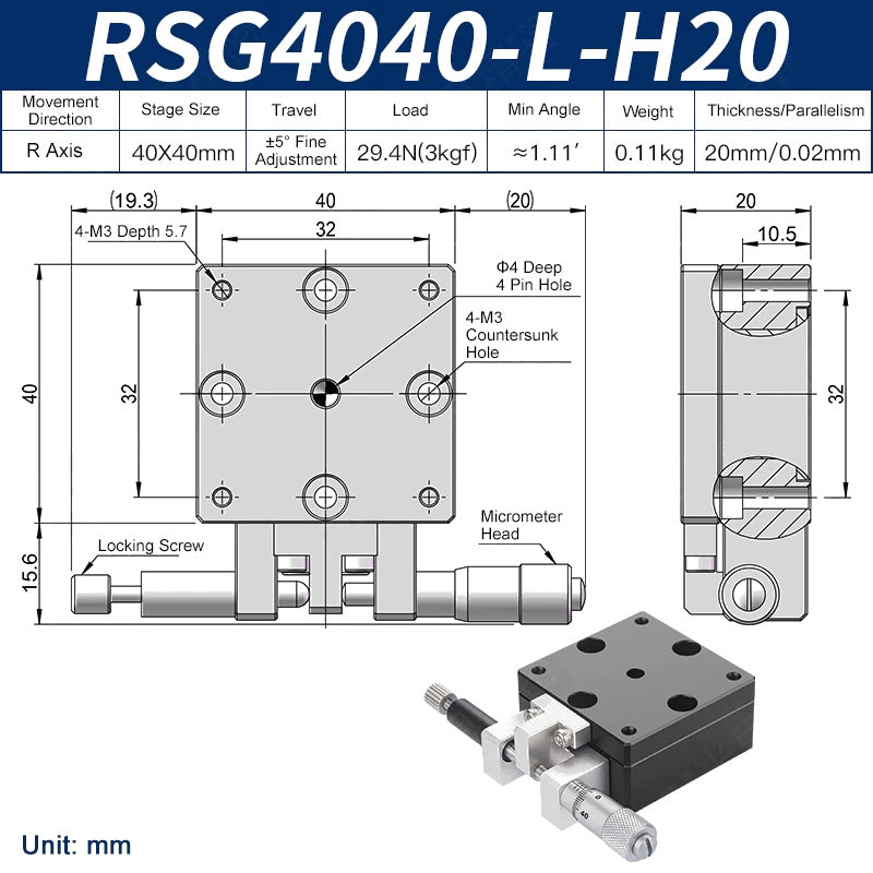 RSG4040-L-H20 Precision Manual Rotation Stage 40x40mm R-Axis ±5° Fine-Tuning Micrometer Drive