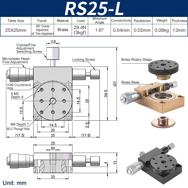 RS25-L Manual Rotation Stage 25mm Precision R-Axis Rotary Table 360° Coarse and ±5° Fine Adjustment