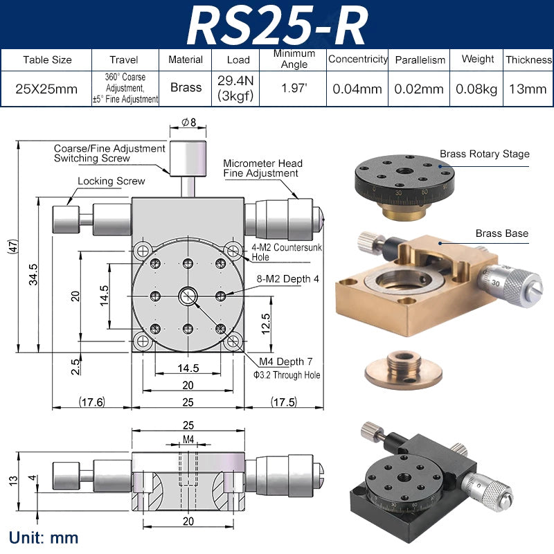RS25-R Manual Rotation Stage 25mm Precision R-Axis Rotary Table 360° Coarse and ±5° Fine Adjustment