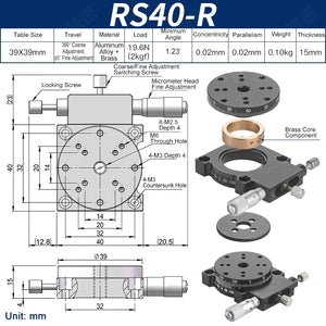 RS40-R Manual Rotation Stage 40mm Precision R-Axis Rotary Table 360° Coarse and ±5° Fine Adjustment