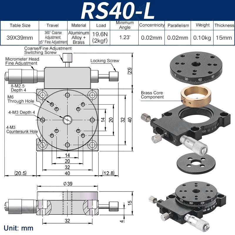 RS40-L Manual Rotation Stage 40mm Precision R-Axis Rotary Table 360° Coarse and ±5° Fine Adjustment