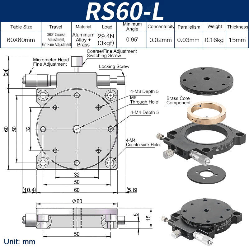RS60-L Manual Rotation Stage 60mm Precision R-Axis Rotary Table 360° Coarse and ±5° Fine Adjustment