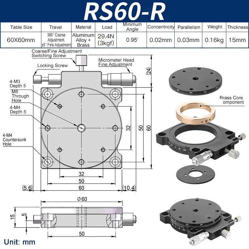 RS60-R Manual Rotation Stage 60mm Precision R-Axis Rotary Table 360° Coarse and ±5° Fine Adjustment