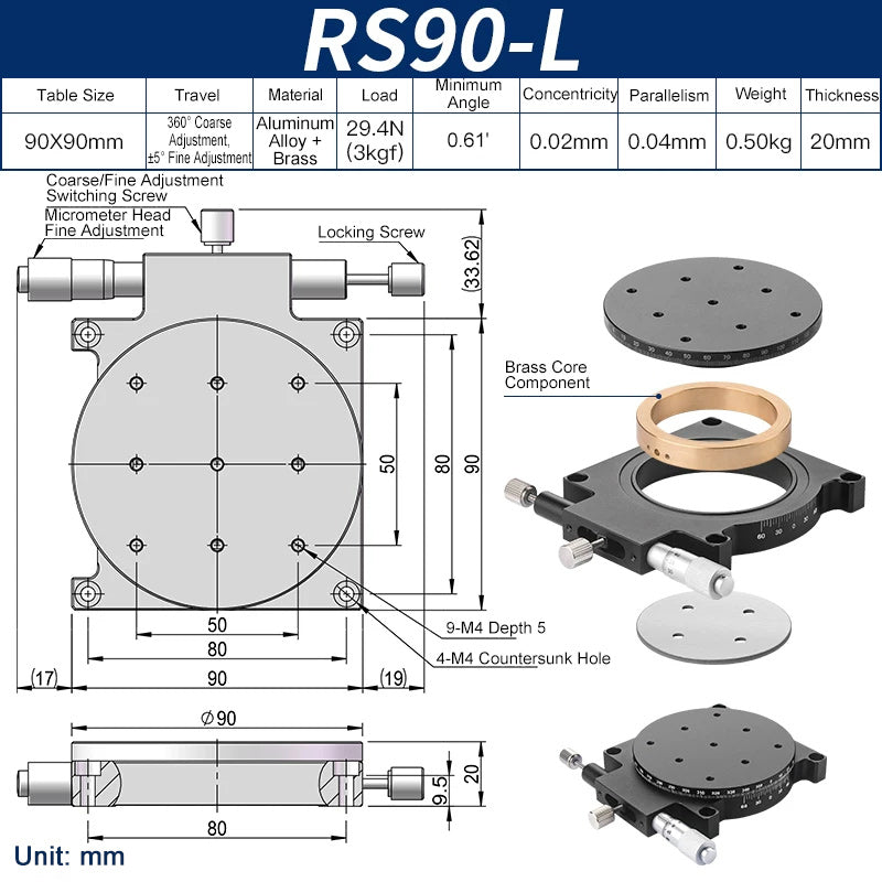 RS90-L Manual Rotation Stage 90mm Precision R-Axis Rotary Table 360° Coarse and ±5° Fine Adjustment