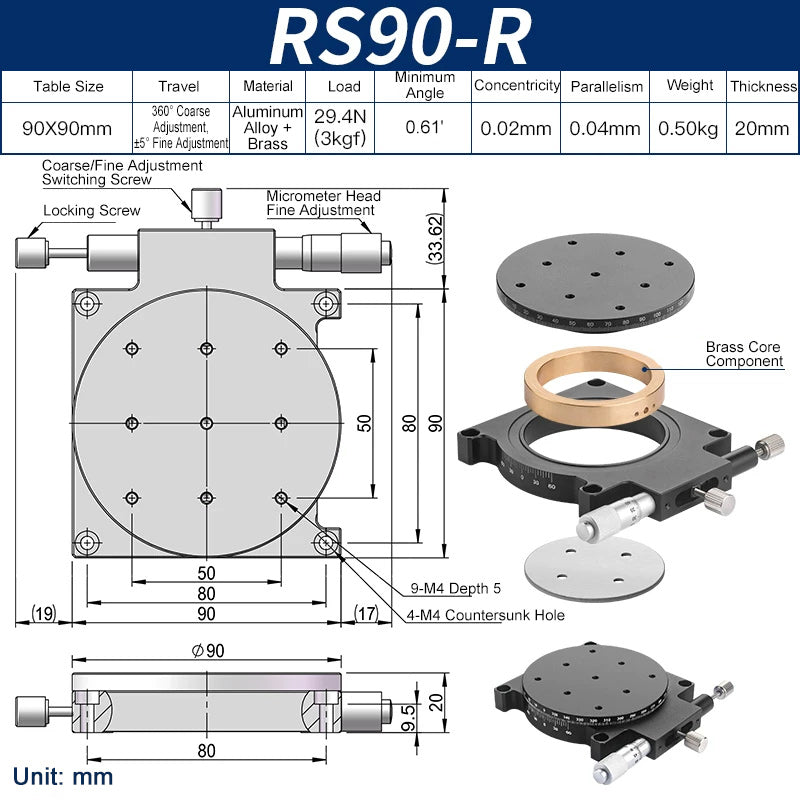 RS90-R Manual Rotation Stage 90mm Precision R-Axis Rotary Table 360° Coarse and ±5° Fine Adjustment