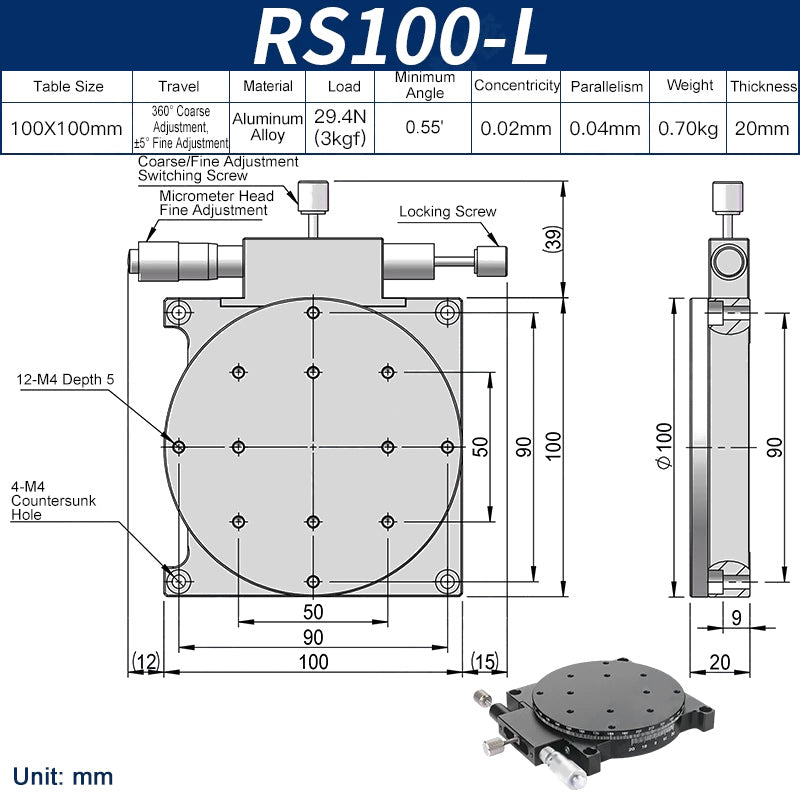 RS100-L Manual Rotation Stage 100mm Precision R-Axis Rotary Table 360° Coarse and ±5° Fine Adjustment