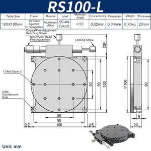 RS100-L Manual Rotation Stage 100mm Precision R-Axis Rotary Table 360° Coarse and ±5° Fine Adjustment