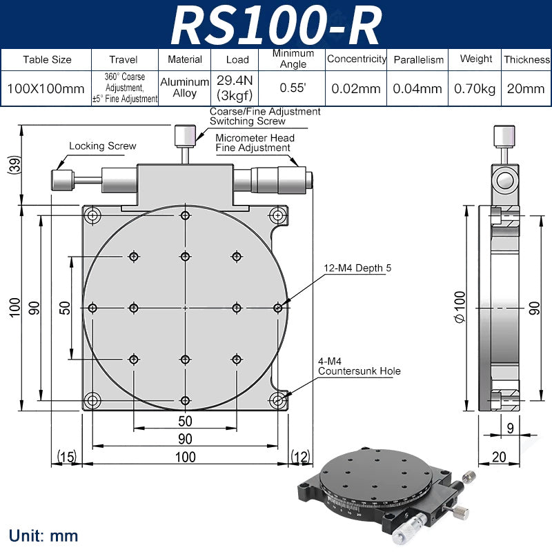 RS100-R Manual Rotation Stage 100mm Precision R-Axis Rotary Table 360° Coarse and ±5° Fine Adjustment