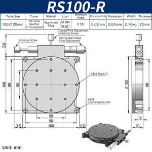 RS100-R Manual Rotation Stage 100mm Precision R-Axis Rotary Table 360° Coarse and ±5° Fine Adjustment