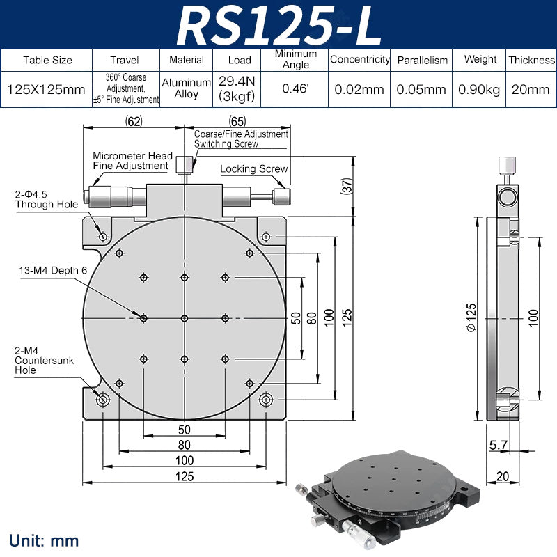 RS125-L Manual Rotation Stage 125mm Precision R-Axis Rotary Table 360° Coarse and ±5° Fine Adjustment