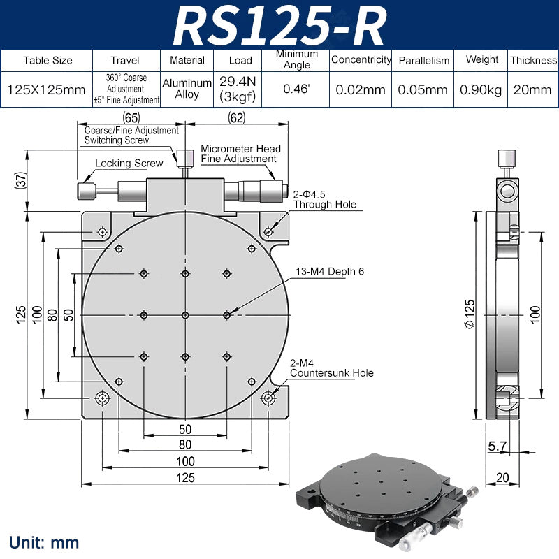 RS125-R Manual Rotation Stage 125mm Precision R-Axis Rotary Table 360° Coarse and ±5° Fine Adjustment