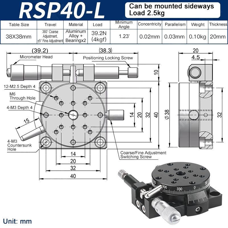 RSP40-L Manual Rotation Stage 40mm Precision R-Axis Rotary Table 360° Coarse and ±5° Fine Adjustment