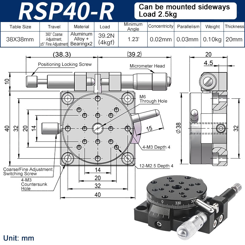 RSP40-R Manual Rotation Stage 40mm Precision R-Axis Rotary Table 360° Coarse and ±5° Fine Adjustment