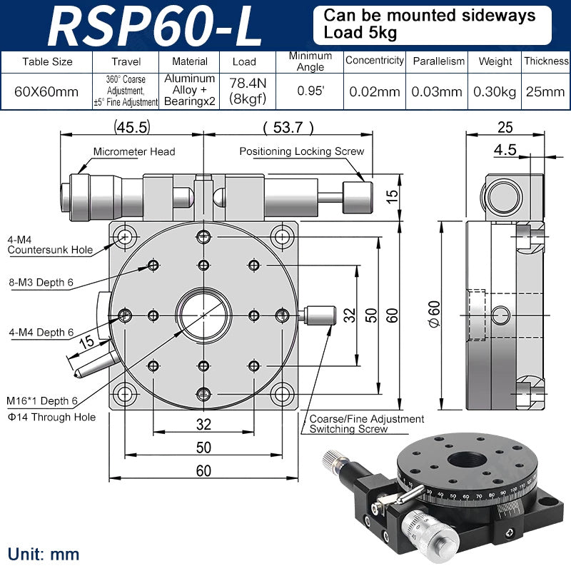 RSP60-L Manual Rotation Stage 60mm Precision R-Axis Rotary Table 360° Coarse and ±5° Fine Adjustment