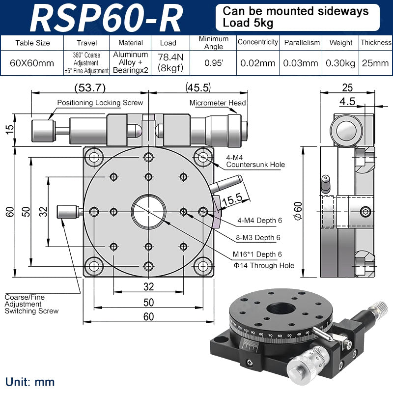 RSP60-R Manual Rotation Stage 60mm Precision R-Axis Rotary Table 360° Coarse and ±5° Fine Adjustment