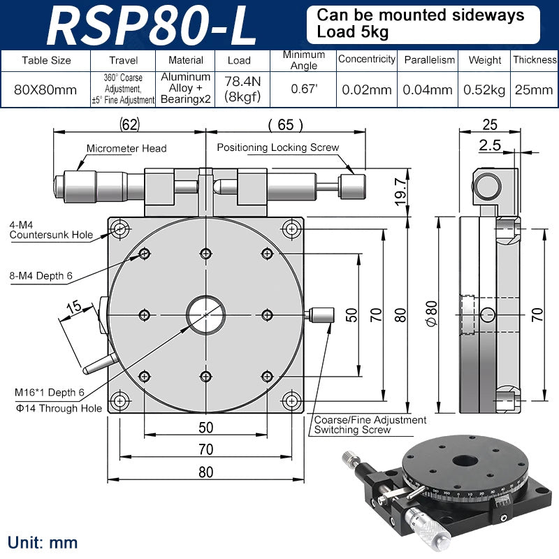 RSP80-L Manual Rotation Stage 80mm Precision R-Axis Rotary Table 360° Coarse and ±5° Fine Adjustment