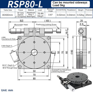 RSP80-L Manual Rotation Stage 80mm Precision R-Axis Rotary Table 360° Coarse and ±5° Fine Adjustment