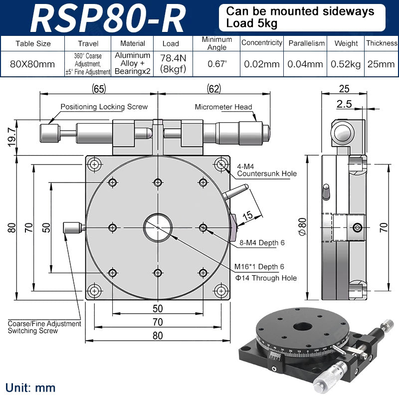 RSP80-R Manual Rotation Stage 80mm Precision R-Axis Rotary Table 360° Coarse and ±5° Fine Adjustment