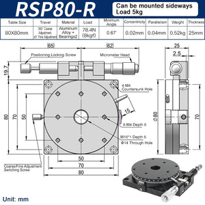 RSP80-R Manual Rotation Stage 80mm Precision R-Axis Rotary Table 360° Coarse and ±5° Fine Adjustment